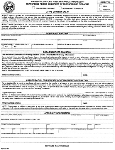 1 Page - Insert Minn. Uniform Firearm Applic/Receipt Transferee Permit side A here. 