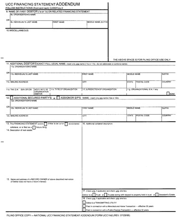 1 Page - Insert UCC Financing Statement Addendum. 