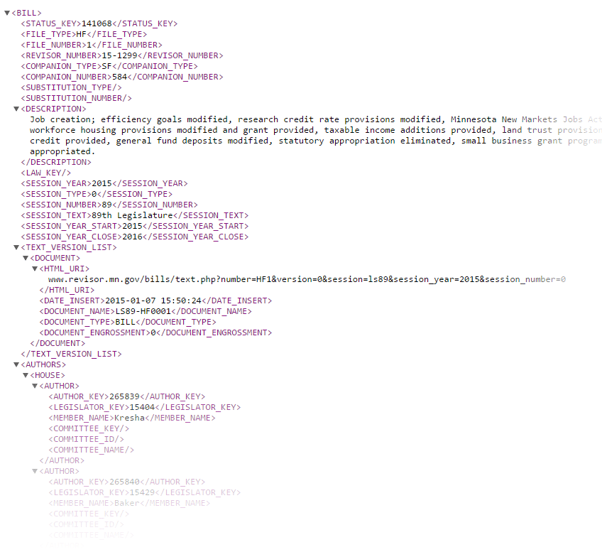 Screenshot of bill status record in XML format.
