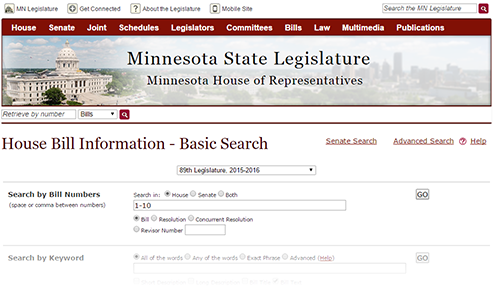 Screenshot of house bill search page, entering 1-10 in Search by Bill Numbers entry field.