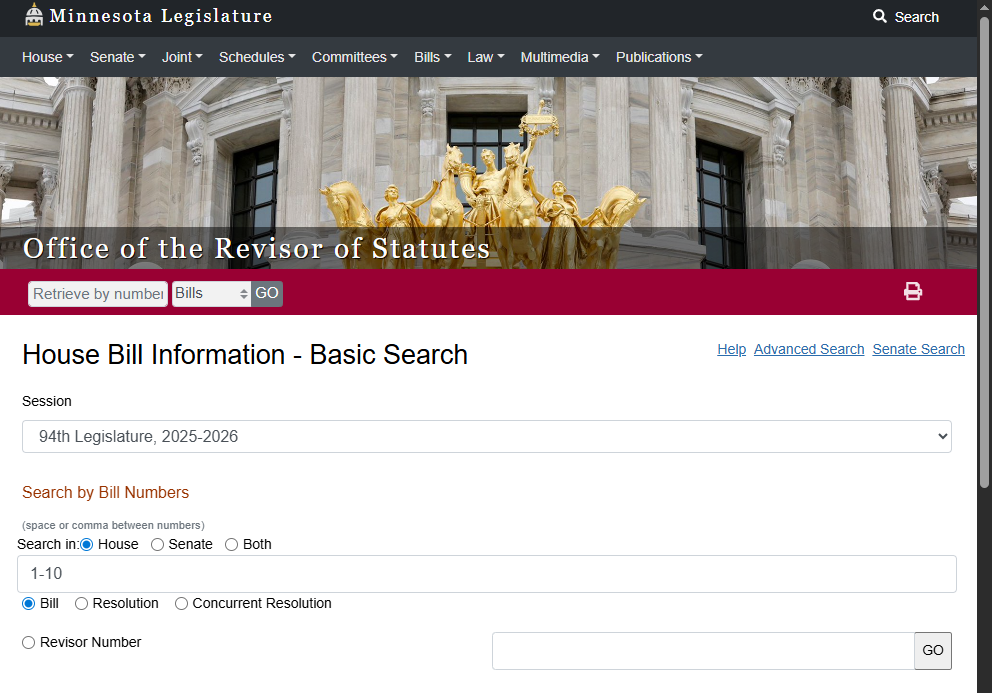Screenshot of house bill search page, entering 1-10 in Search by Bill Numbers entry field.
