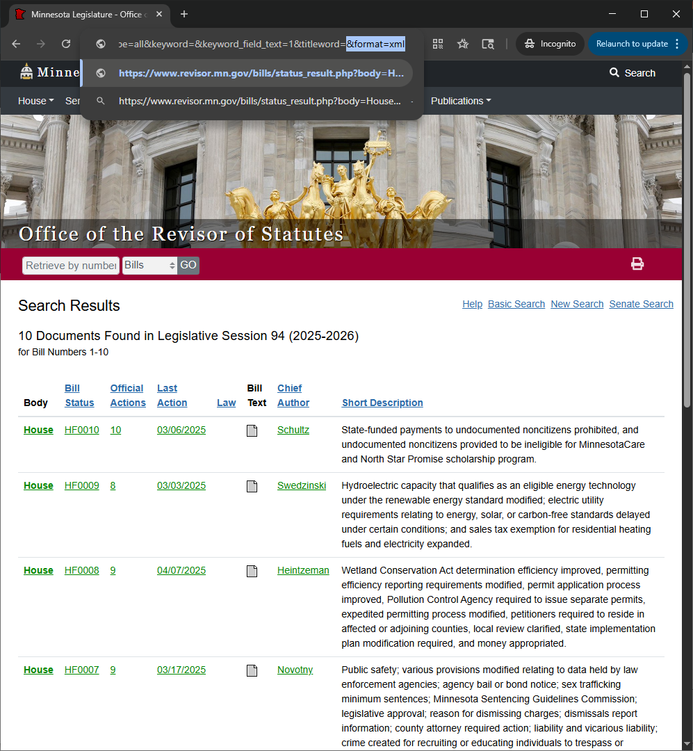 Screenshot of adding &format=xml to search result URL.